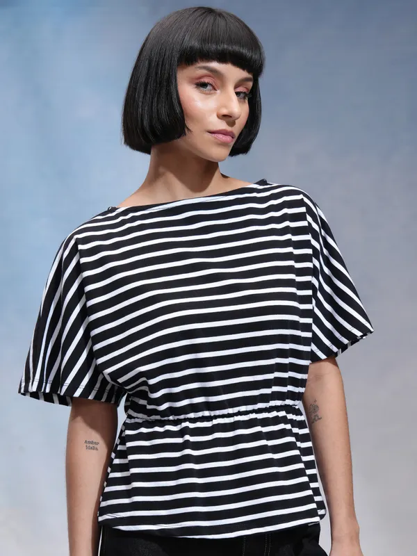 Tokyo Talkies Women Black Striped Regular Top