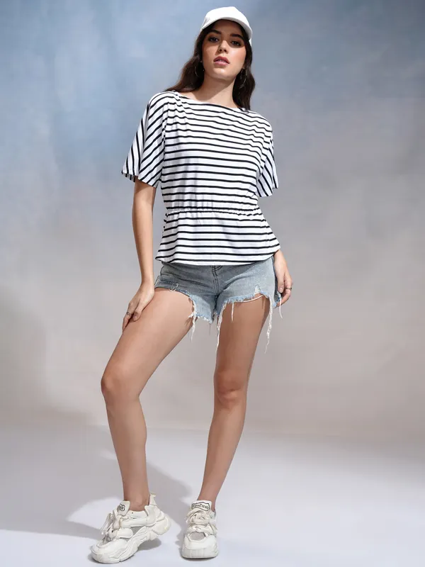 Tokyo Talkies Women White Striped Regular Top