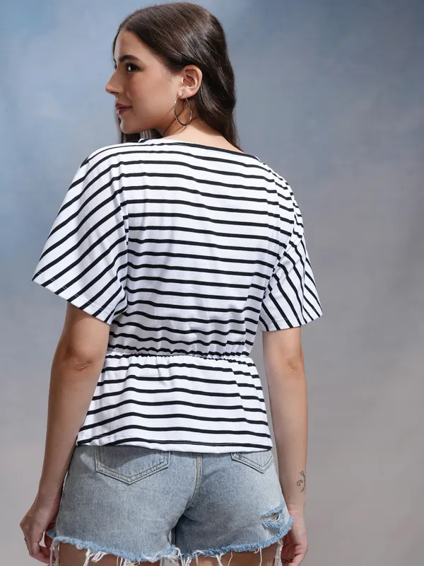 Tokyo Talkies Women White Striped Regular Top