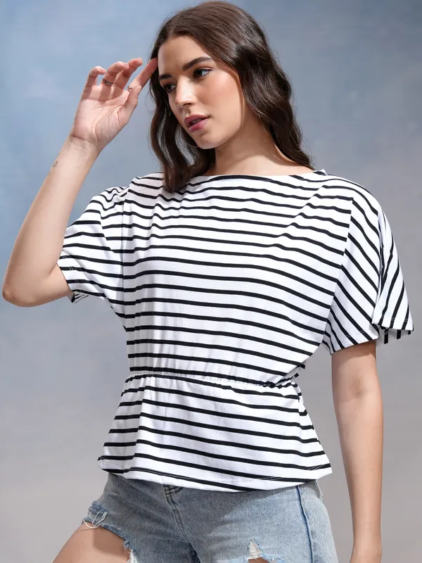Tokyo Talkies Women White Striped Regular Top