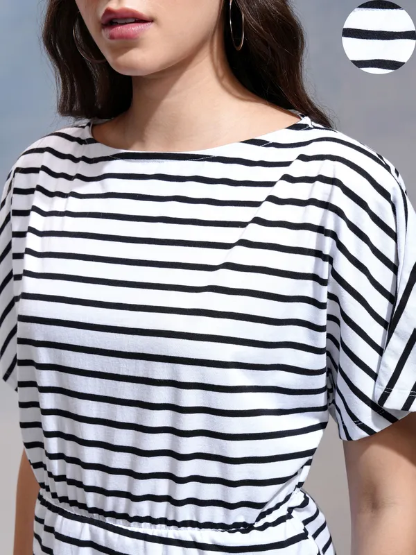 Tokyo Talkies Women White Striped Regular Top