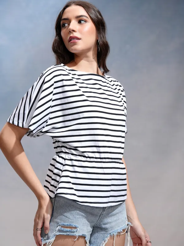 Tokyo Talkies Women White Striped Regular Top