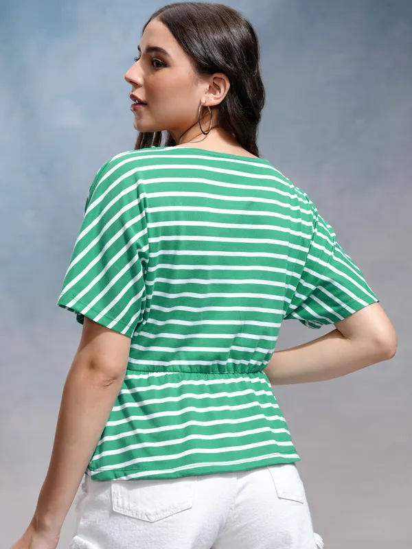 Tokyo Talkies Women Green Striped Regular Top
