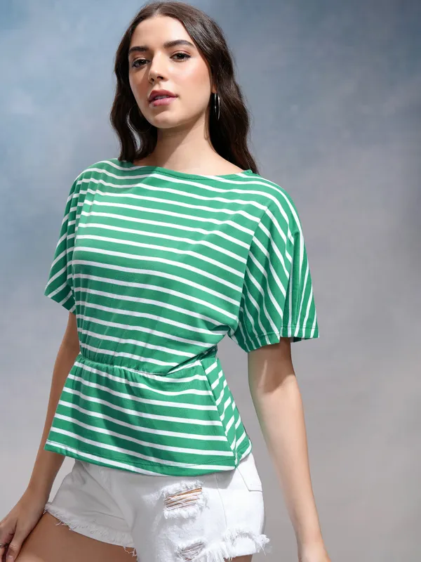 Tokyo Talkies Women Green Striped Regular Top