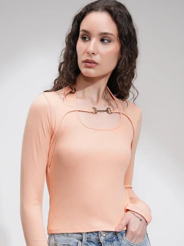 Tokyo Talkies Women Peach Solid Fitted Top