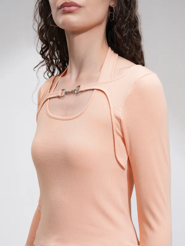 Tokyo Talkies Women Peach Solid Fitted Top