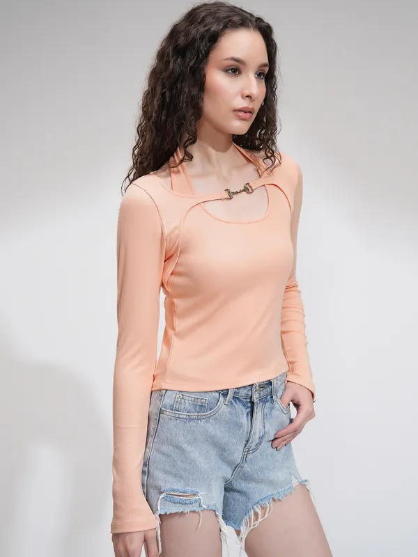 Tokyo Talkies Women Peach Solid Fitted Top