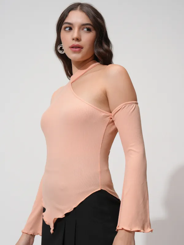 Tokyo Talkies Women Peach Solid Fitted Top