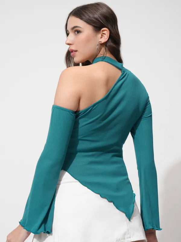 Tokyo Talkies Women Teal Solid Fitted Top