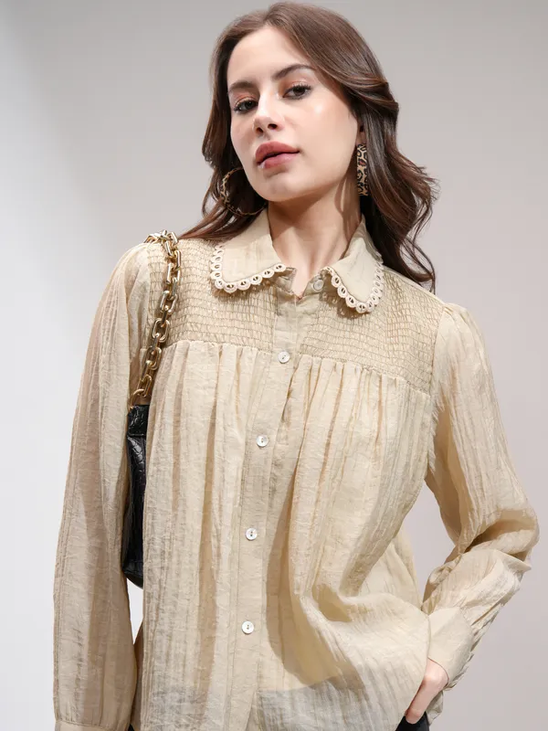 Tokyo Talkies Women Khaki Self Design Shirt Style Top