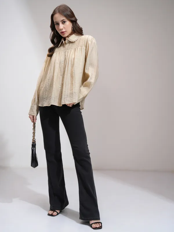 Tokyo Talkies Women Khaki Self Design Shirt Style Top