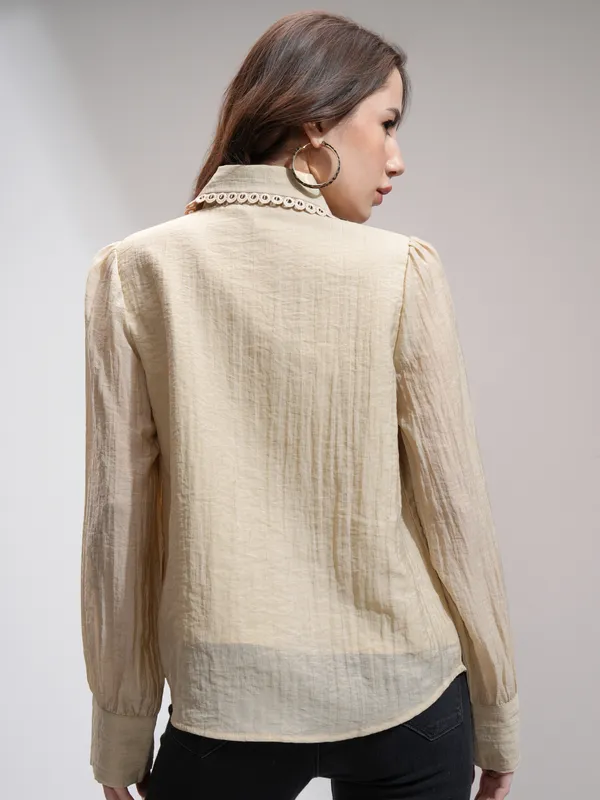 Tokyo Talkies Women Khaki Self Design Shirt Style Top