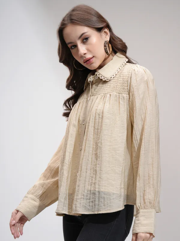 Tokyo Talkies Women Khaki Self Design Shirt Style Top