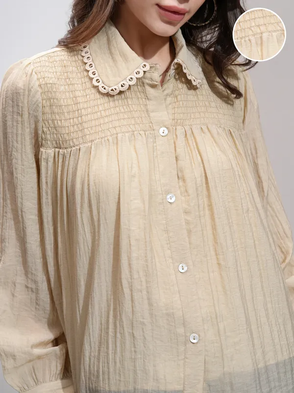 Tokyo Talkies Women Khaki Self Design Shirt Style Top