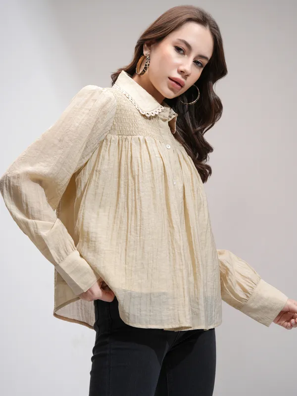 Tokyo Talkies Women Khaki Self Design Shirt Style Top