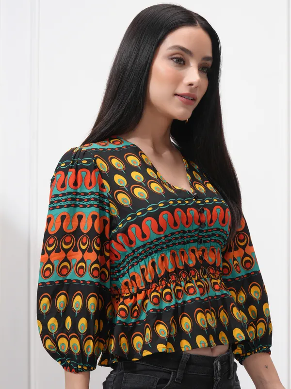 Tokyo Talkies Women Black Printed Regular Top