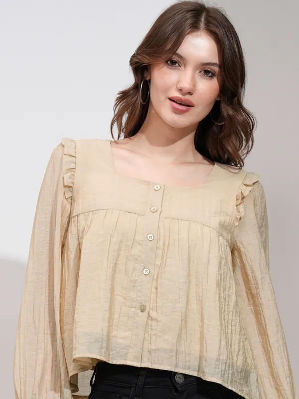 Tokyo Talkies Women Khaki Solid Blouson Top