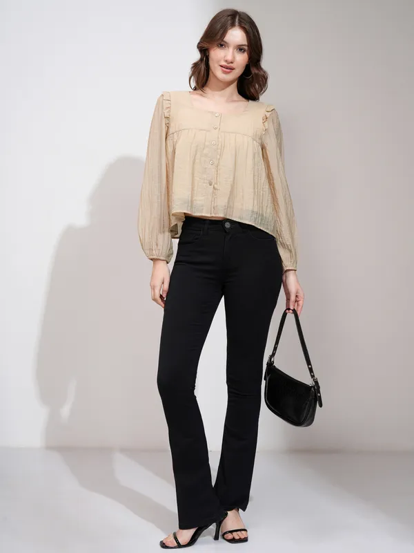 Tokyo Talkies Women Khaki Solid Blouson Top