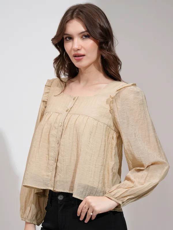 Tokyo Talkies Women Khaki Solid Blouson Top