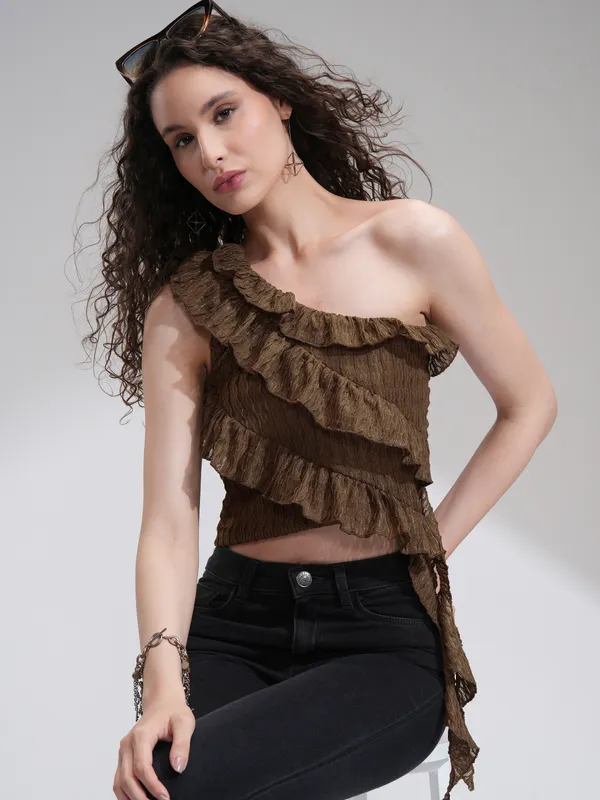 Tokyo Talkies Women Brown Self Design High-Low Top