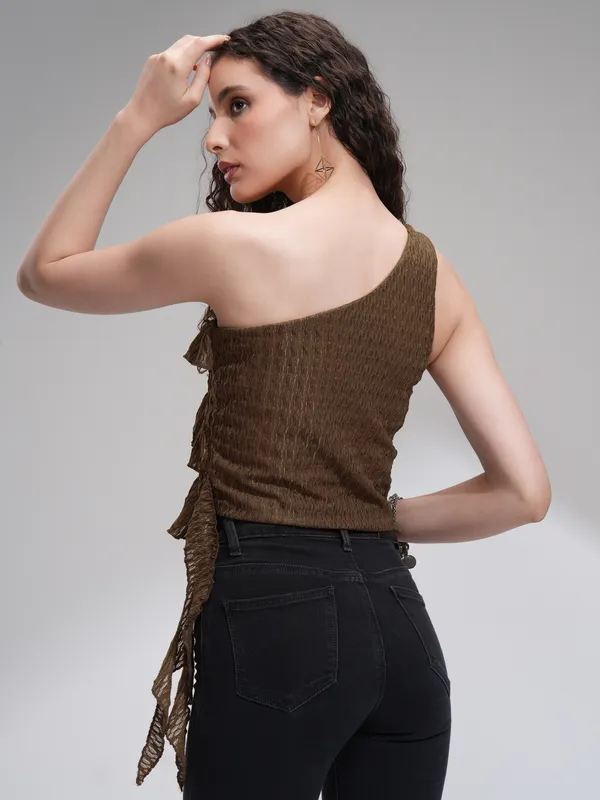 Tokyo Talkies Women Brown Self Design High-Low Top