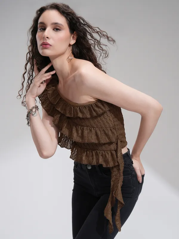 Tokyo Talkies Women Brown Self Design High-Low Top