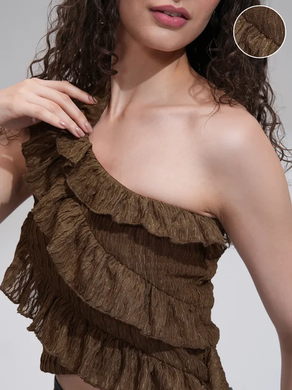 Tokyo Talkies Women Brown Self Design High-Low Top