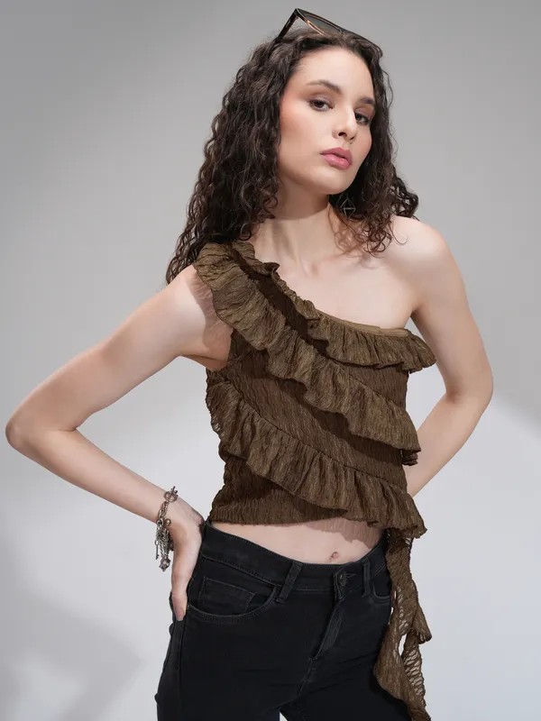 Tokyo Talkies Women Brown Self Design High-Low Top