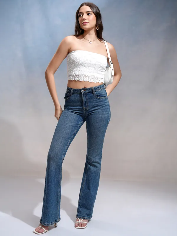 Tokyo Talkies Women White Embroidered Regular Top