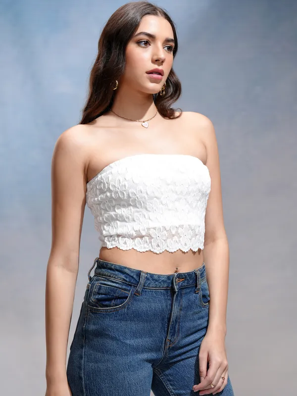 Tokyo Talkies Women White Embroidered Regular Top