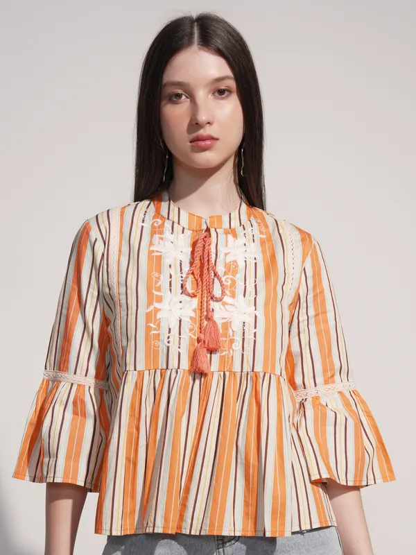 Tokyo Talkies Women Orange Striped Fitted Top