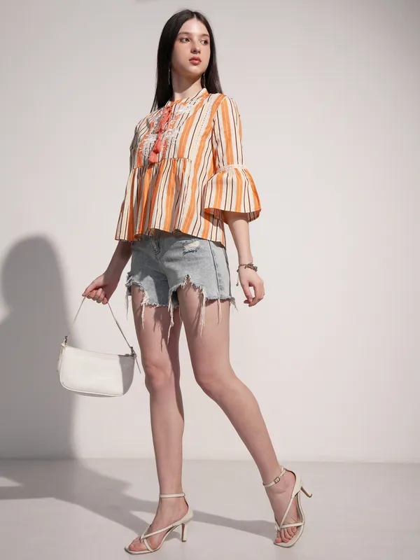 Tokyo Talkies Women Orange Striped Fitted Top