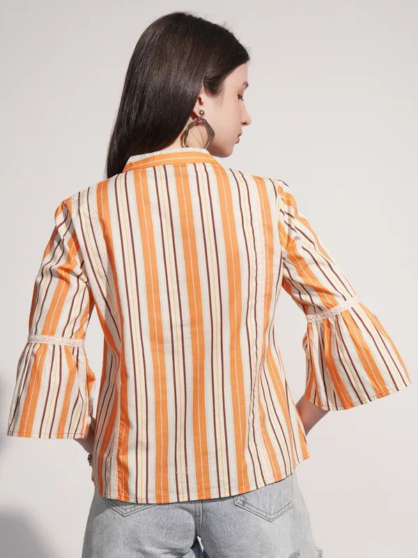 Tokyo Talkies Women Orange Striped Fitted Top