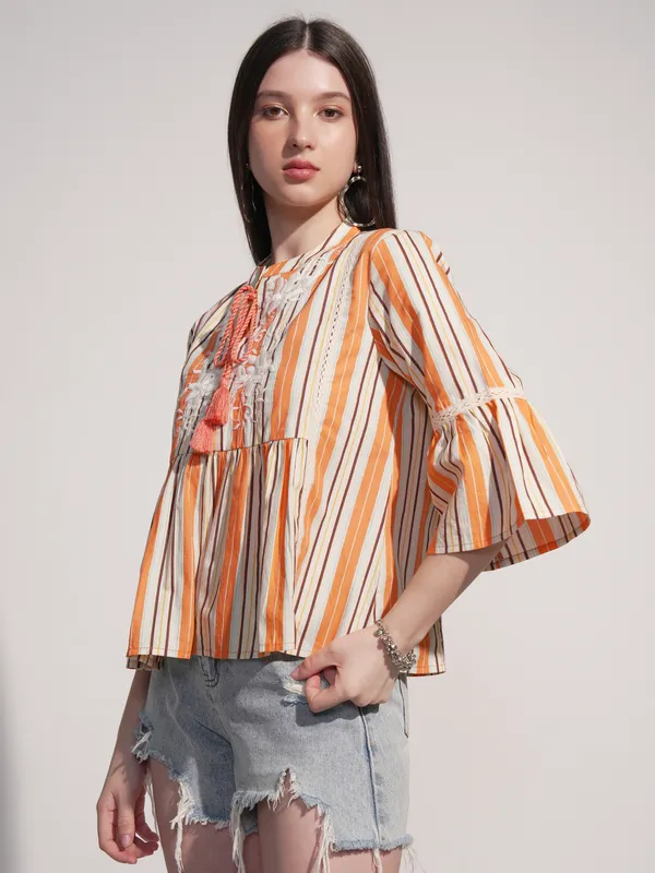 Tokyo Talkies Women Orange Striped Fitted Top