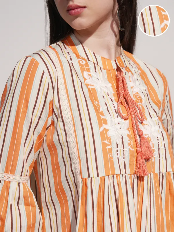 Tokyo Talkies Women Orange Striped Fitted Top