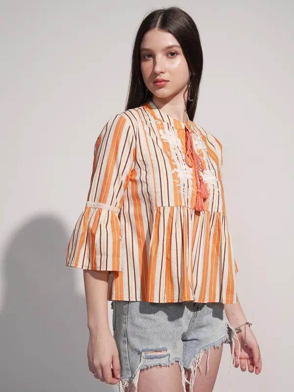Tokyo Talkies Women Orange Striped Fitted Top