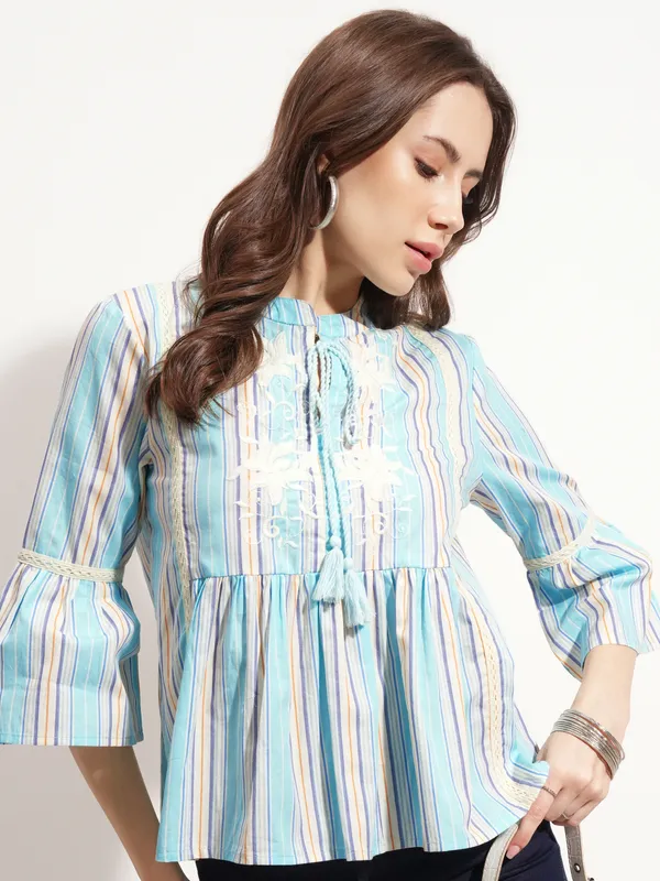 Tokyo Talkies Women Blue Embroidered Peplum Top