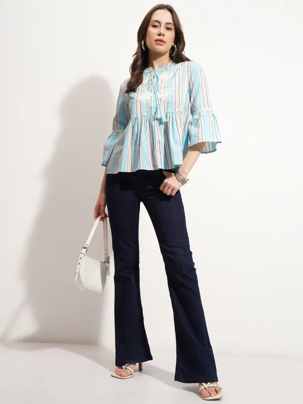 Tokyo Talkies Women Blue Embroidered Peplum Top