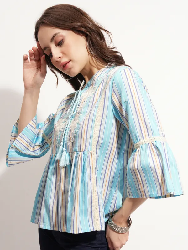 Tokyo Talkies Women Blue Embroidered Peplum Top