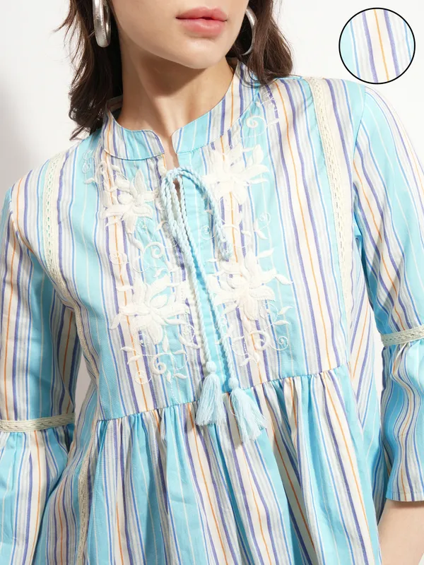 Tokyo Talkies Women Blue Embroidered Peplum Top