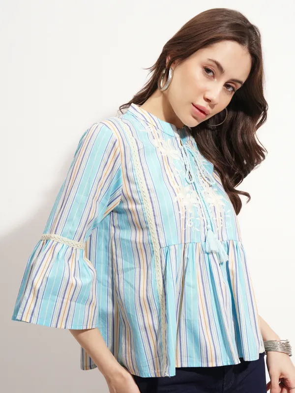 Tokyo Talkies Women Blue Embroidered Peplum Top