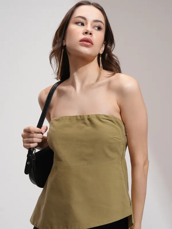 Tokyo Talkies Women Khaki Solid A-Line Top
