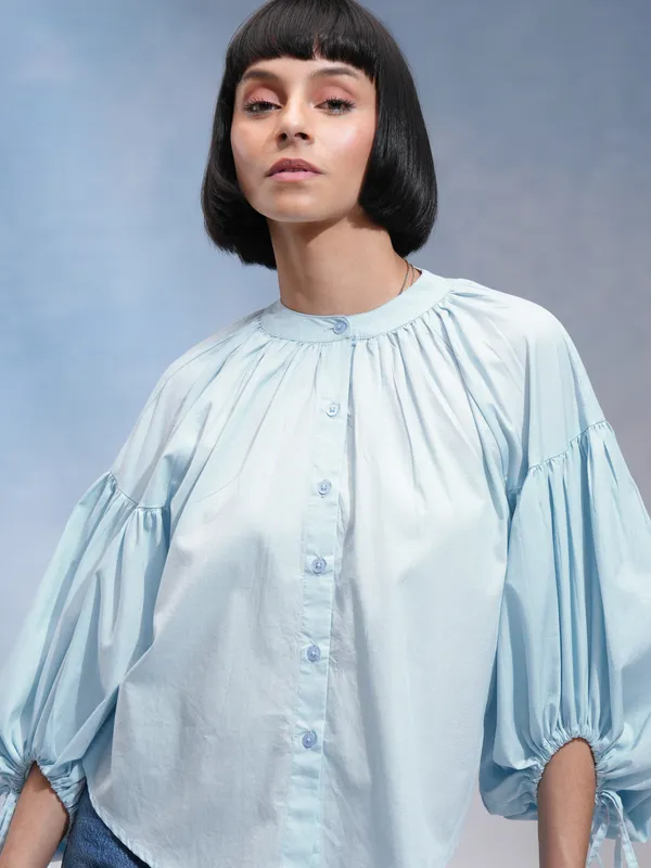 Tokyo Talkies Women Blue Solid Shirt Style Top