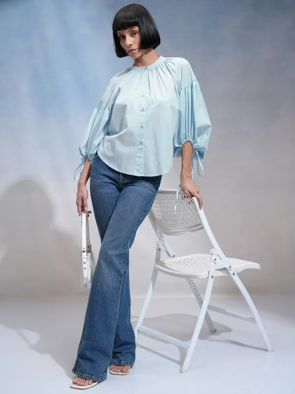 Tokyo Talkies Women Blue Solid Shirt Style Top