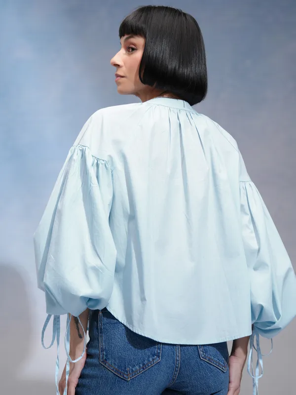 Tokyo Talkies Women Blue Solid Shirt Style Top