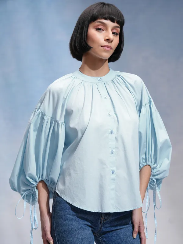 Tokyo Talkies Women Blue Solid Shirt Style Top