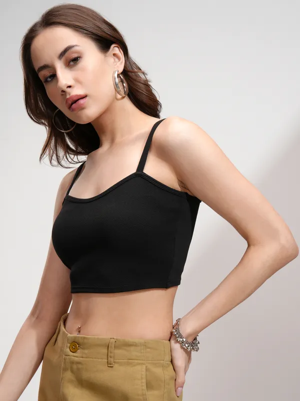 Tokyo Talkies Women Black Solid Fitted Top