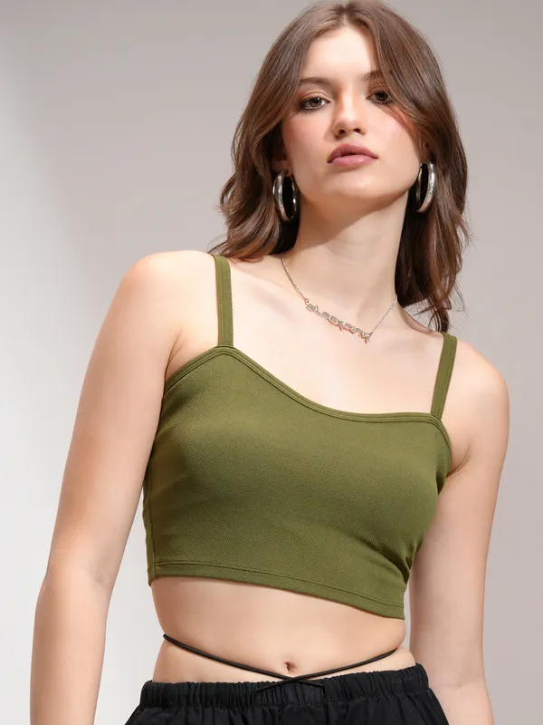 Tokyo Talkies Women Olive Solid Fitted Top