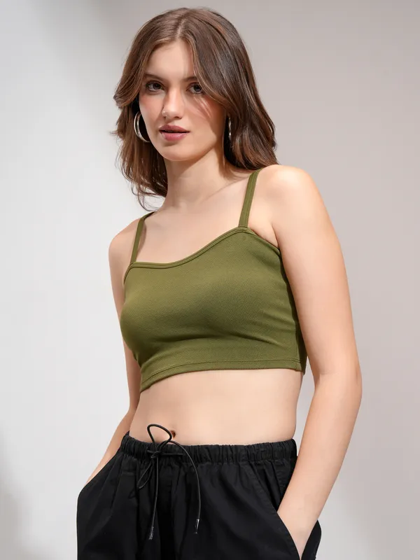 Tokyo Talkies Women Olive Solid Fitted Top