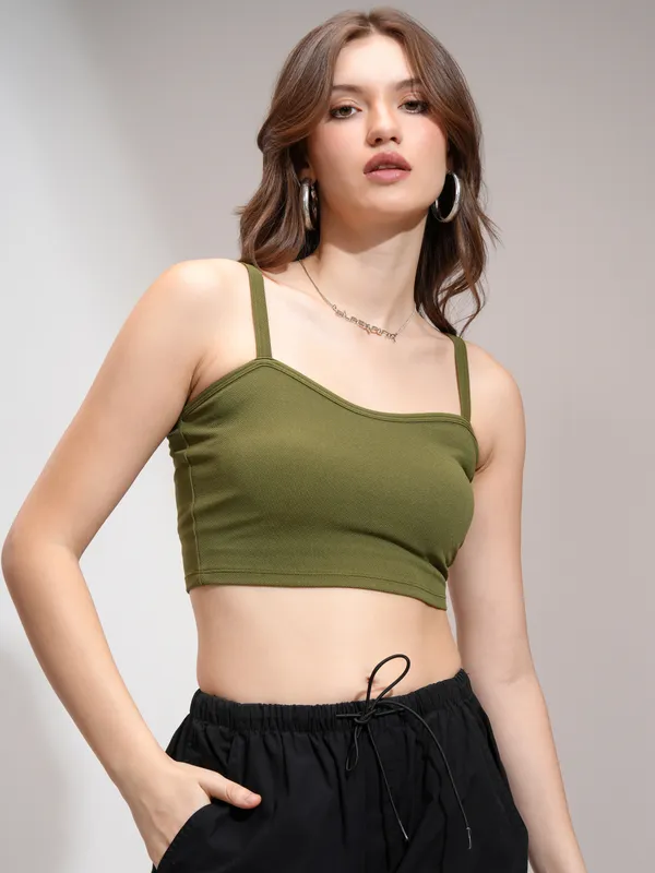 Tokyo Talkies Women Olive Solid Fitted Top